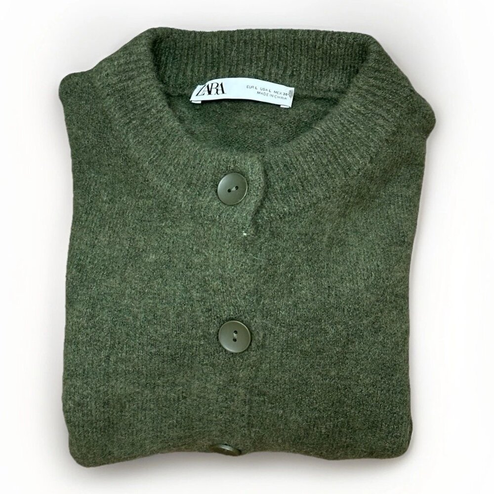 NWOT Zara Soft Knit Cardigan Army Green Button Front Sweater Large - Picture 9 of 11